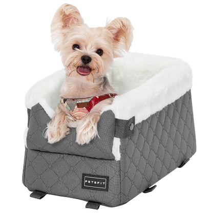 PETSFIT Center Console Dog Car Seat - Enhanced Safety with 5-Year Warranty, Washable Cushion, and Secure Hooks for Small Dogs up to 8 Lbs (Grey)