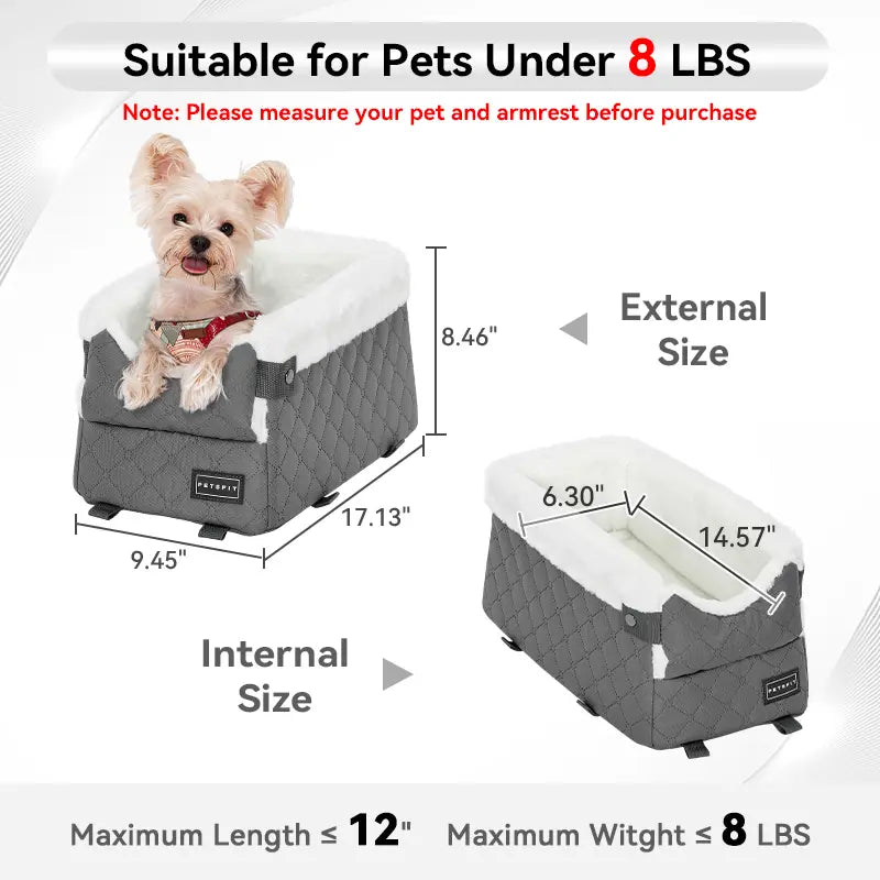PETSFIT Center Console Dog Car Seat - Enhanced Safety with 5-Year Warranty, Washable Cushion, and Secure Hooks for Small Dogs up to 8 Lbs (Grey)