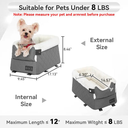 PETSFIT Center Console Dog Car Seat - Enhanced Safety with 5-Year Warranty, Washable Cushion, and Secure Hooks for Small Dogs up to 8 Lbs (Grey)