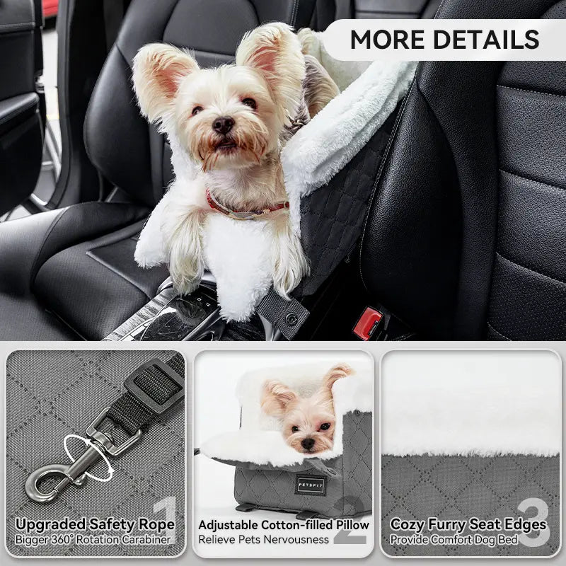 PETSFIT Center Console Dog Car Seat - Enhanced Safety with 5-Year Warranty, Washable Cushion, and Secure Hooks for Small Dogs up to 8 Lbs (Grey)