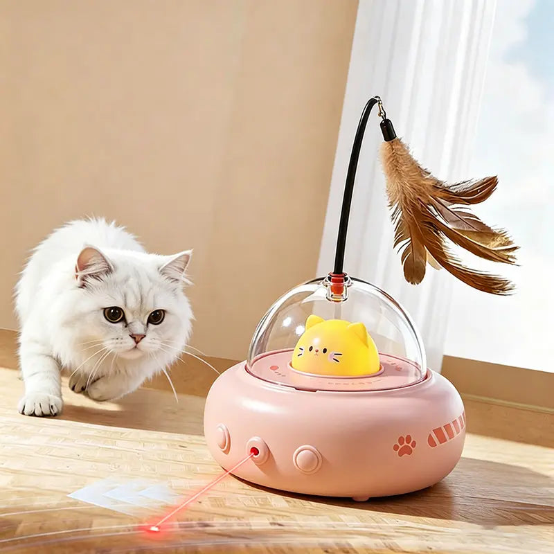 Automatic Cat Laser Toy with Feather Teaser – Keep Cats Busy, Active & Happy All Day