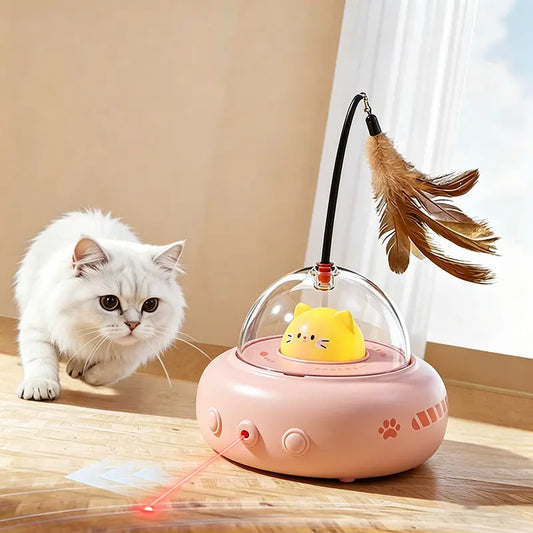 Automatic Cat Laser Toy with Feather Teaser – Keep Cats Busy, Active & Happy All Day