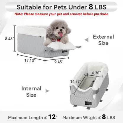 PETSFIT Center Console Dog Car Seat - Enhanced Safety with 5-Year Warranty, Washable Cushion, and Secure Hooks for Small Dogs up to 8 Lbs (Grey)