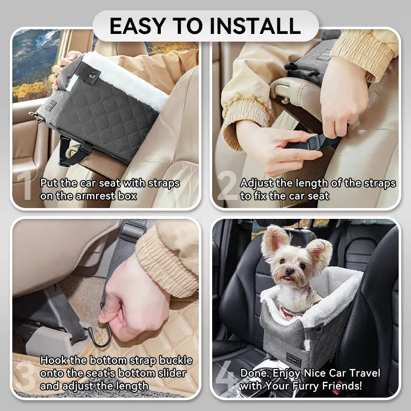 PETSFIT Center Console Dog Car Seat - Enhanced Safety with 5-Year Warranty, Washable Cushion, and Secure Hooks for Small Dogs up to 8 Lbs (Grey)
