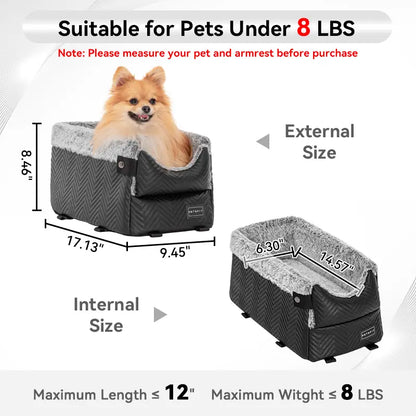 PETSFIT Center Console Dog Car Seat - Enhanced Safety with 5-Year Warranty, Washable Cushion, and Secure Hooks for Small Dogs up to 8 Lbs (Grey)
