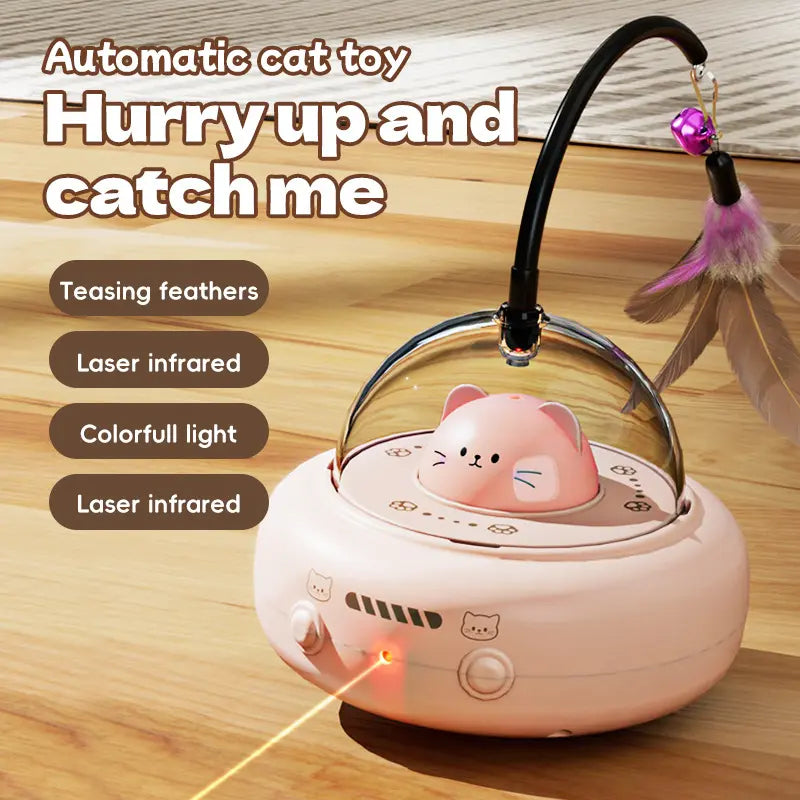 Automatic Cat Laser Toy with Feather Teaser – Keep Cats Busy, Active & Happy All Day