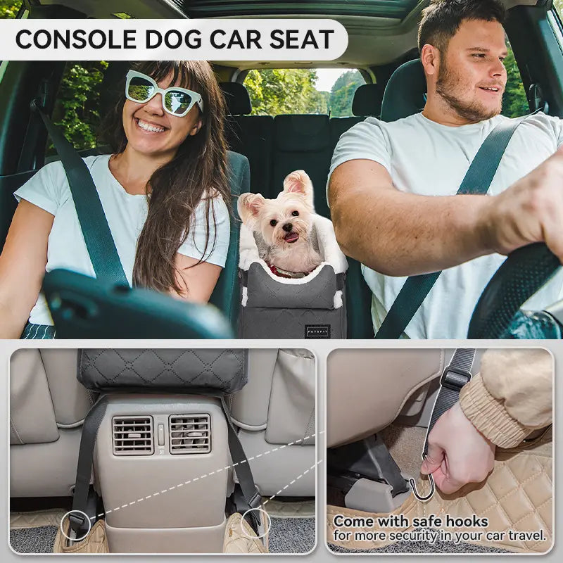 PETSFIT Center Console Dog Car Seat - Enhanced Safety with 5-Year Warranty, Washable Cushion, and Secure Hooks for Small Dogs up to 8 Lbs (Grey)