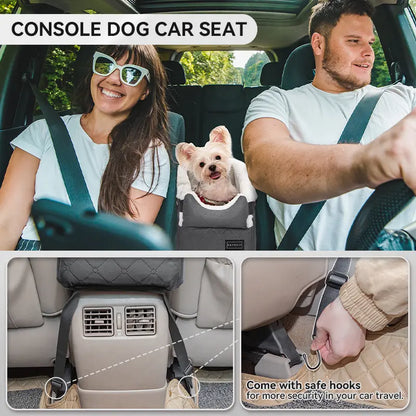 PETSFIT Center Console Dog Car Seat - Enhanced Safety with 5-Year Warranty, Washable Cushion, and Secure Hooks for Small Dogs up to 8 Lbs (Grey)