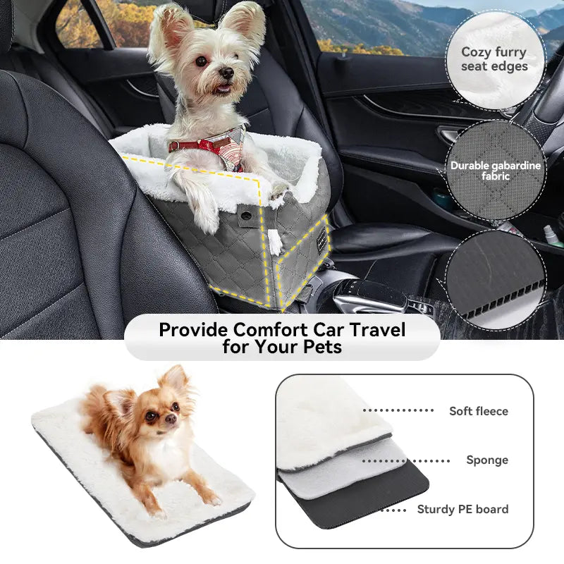 PETSFIT Center Console Dog Car Seat - Enhanced Safety with 5-Year Warranty, Washable Cushion, and Secure Hooks for Small Dogs up to 8 Lbs (Grey)